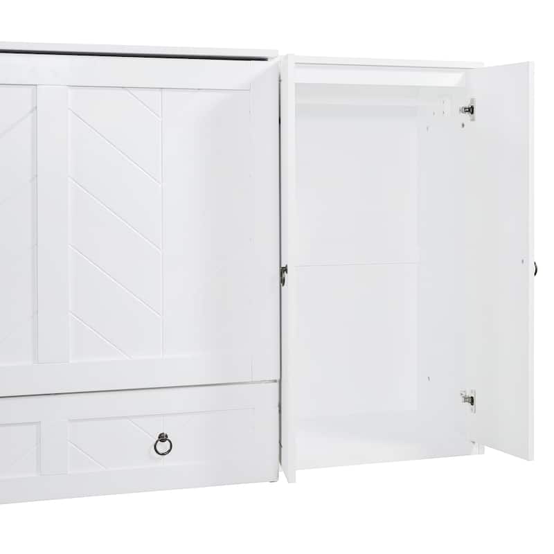 Queen Size Murphy Bed with USB Port, Large Drawer, and Wardrobe/Desk Combo - Versatile White Cabinet Bed