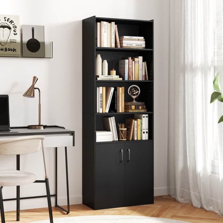 Engineered Wood Bookcase with Adjustable Shelves, 2-Door Cabinet and Anti-Tip Safety - 24.5" x 12" x 70" (L x W x H)