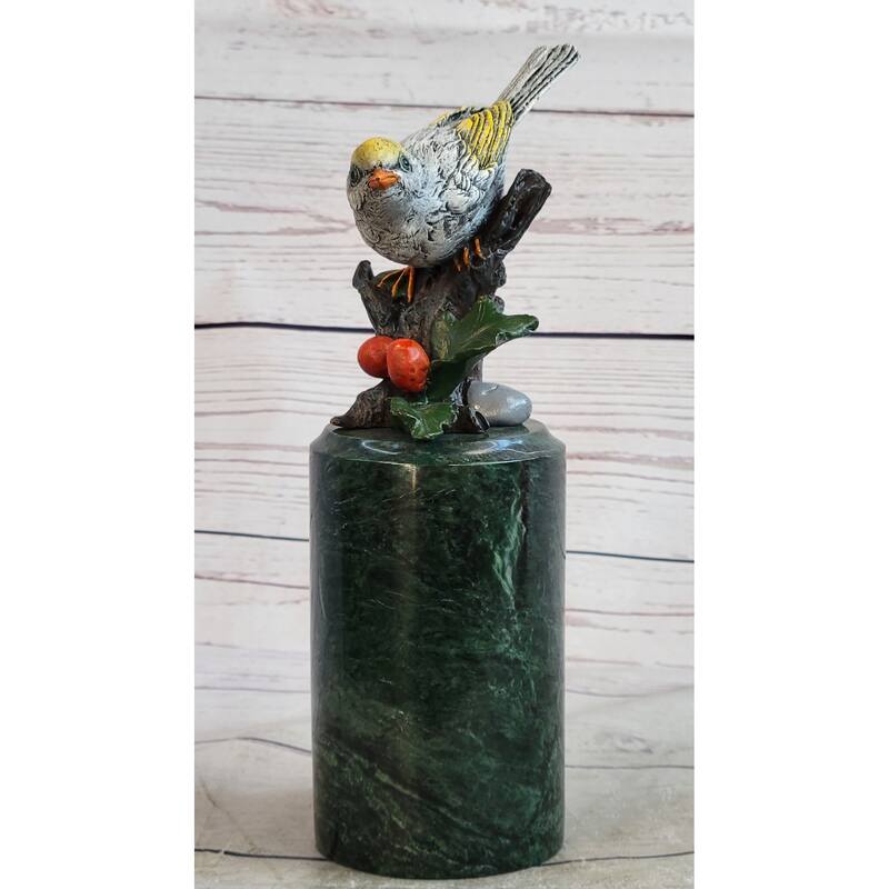 Colorful Finch Goldfinch Song Bird Bronze Metal Sculpture Statue Figure On Marble Base