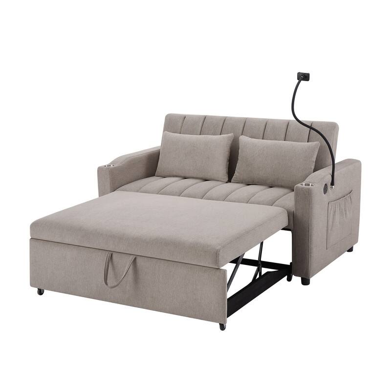 55.9" Convertible Sofa Bed Loveseat Sofa with Three USB Ports, Two Side Pockets, Two Cup Holders and 360°Swivel Phone Holder
