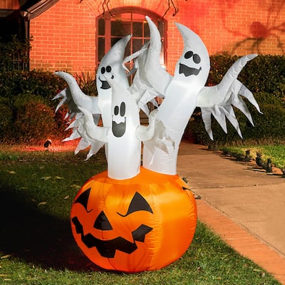 Glitzhome 6FT Lighted 3 Screaming Ghosts In Pumpkin Inflatable Decor