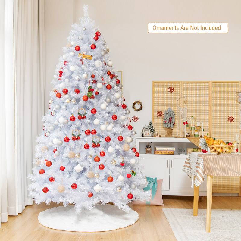 Gymax 6/7/8 FT White Artificial Christmas Tree Hinged Unlit Iridescent