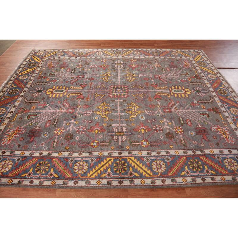 Hand Knotted Oriental 100% Wool Carpet Traditional Geometric Greys & Charcoal Heriz (serapi) Area Rug - 9' 10'' X 7' 11''