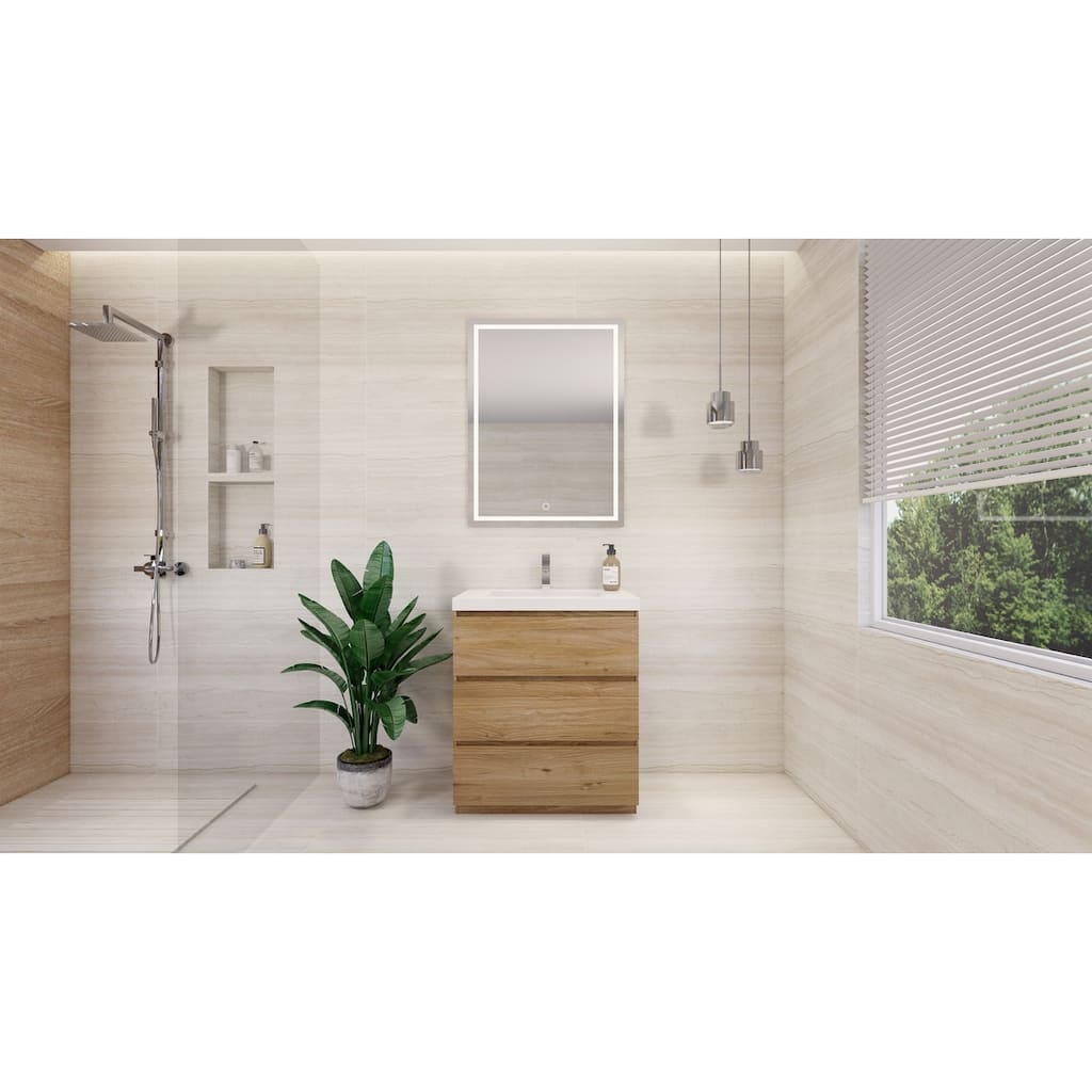 Angeles 30 natural oak finish freestanding bath vanity with single basin reinforced acrylic top