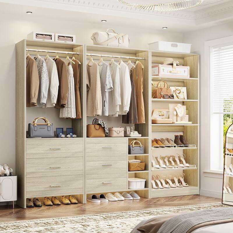Set of 3 Closet System with Drawers and Shoe Rack, Freestanding Closet Organizer with Hanging Rods and Tower Shelves - Washed Oak
