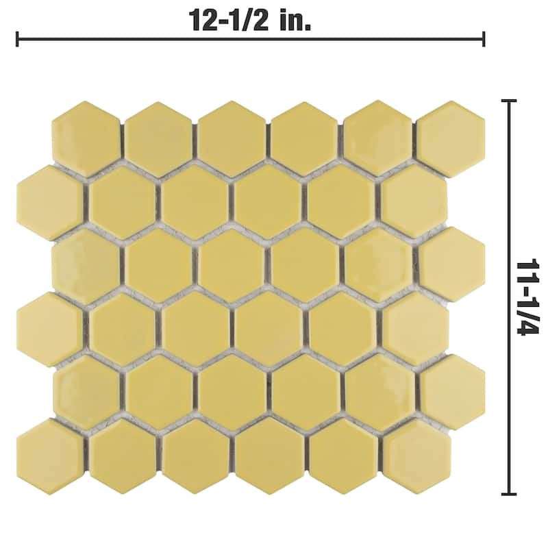 Merola Tile Hudson Due 2" Hex Vintage Yellow 10-7/8" x 12-5/8" Porcelain Floor and Wall Tile