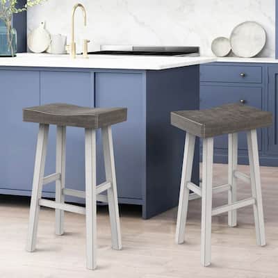31" Farmhouse Gray Solid Wood Backless Set of 2 Saddle Stool