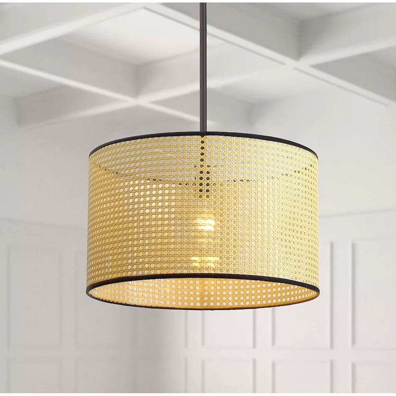Light Brown Rattan Woven Farmhouse Cylinder Shape Pendant Light - Light Brown