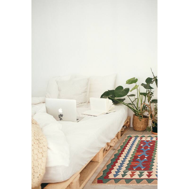 ECARPETGALLERY Flat-Weave Bold and Colorful Dark Red Wool Kilim - 3'10 x 6'0