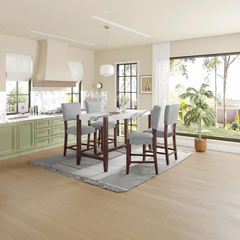 Space-Saving Dining Set - Marble Table & 4 Chairs - White + Grey - 5-Piece