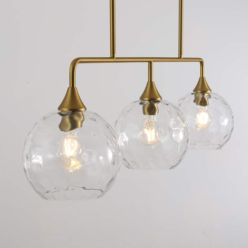 3-Light Modern Black/Brushed Gold Linear Chandelier for Kitchen Island with Clear Textured Glass Globe Shades