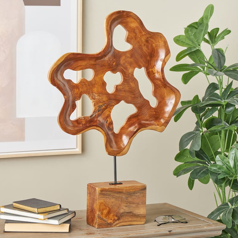 Teak Wood Abstract Cutout Decorative Sculpture with Block Base - Brown - Roche River Decor