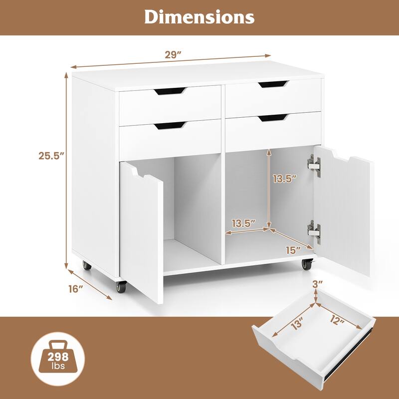 White MDF Mobile File Cabinet with 4 Drawers, Lockable Wheels and Soft-Close Doors