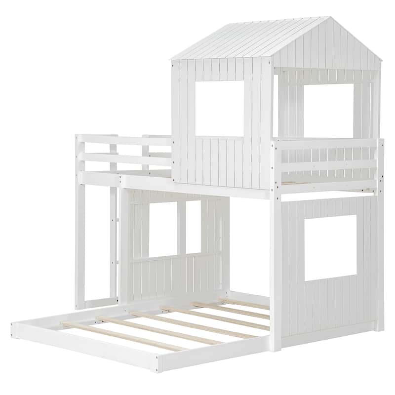 Merax Wooden Twin over Full Bunk Bed with Playhouse, Farmhouse, Ladder and Guardrails