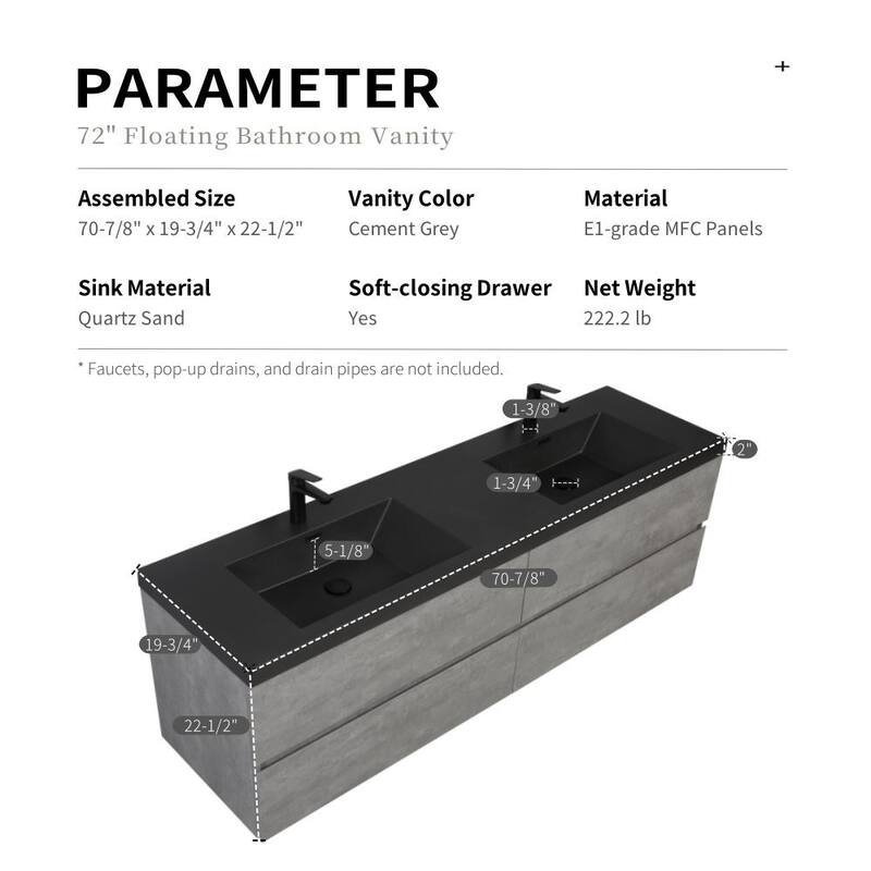 Modern Wall-Mounted Bathroom Vanity in Gray with Black Quartz Sand Top