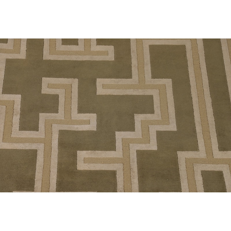 Green Geometric Nepalese Modern Area Rug Hand-Knotted Wool Carpet - 9'0" x 11'9"