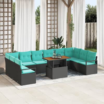 vidaXL 11 Piece Garden Sofa Set with Cushions Black Poly Rattan - 135.4×69.7×27.2