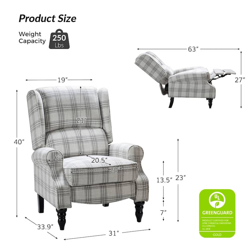 Olympus Upholstered Classic Manual Wingback Recliner with Solid Wood Legs Set of 2 by HULALA HOME