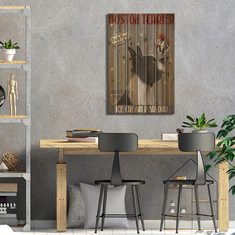Boston Terrier Ice Cream Parlour Print On Wood by Fab Funky - Multi-Color