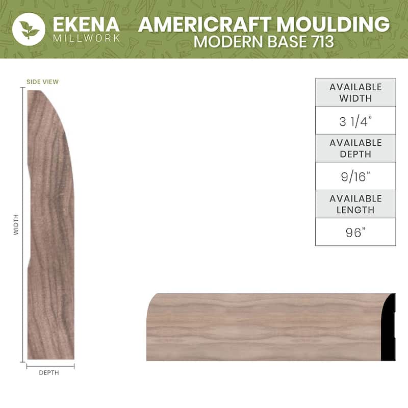WM713: 9/16-in D x 3-1/4-in W x 96-in L Americraft Solid Hardwood Stain Grade Modern Base Moulding