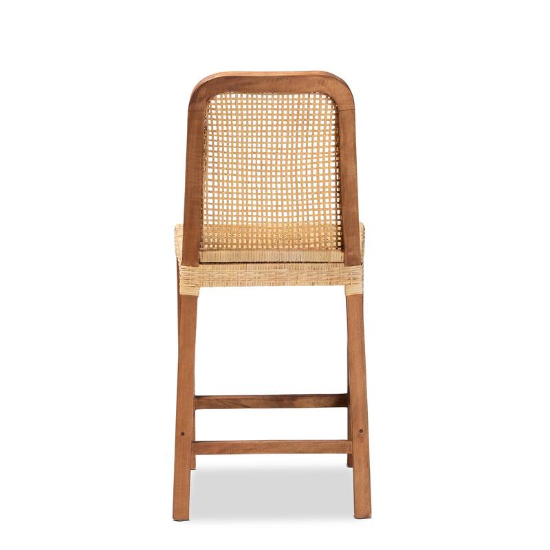 Caspia Mid-Century Mahogany Wood & Natural Rattan Counter Stool