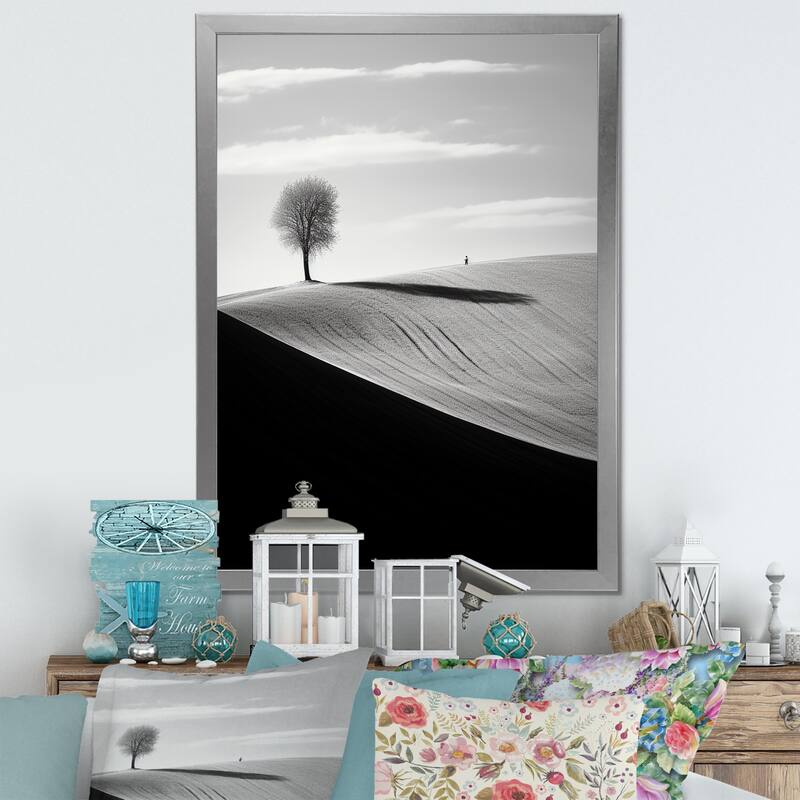 Designart "Black And White Meadow Horizon Photo I" Meadow Framed Wall Art Prints - 30 in. wide x 40 in. high - Silver