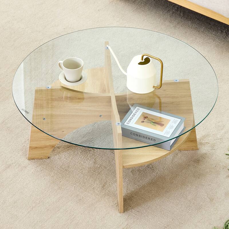 GDFStudio Marcellus Tempered Glass Coffee Table with Wood Legs and Fan-Shaped Pedestal Design