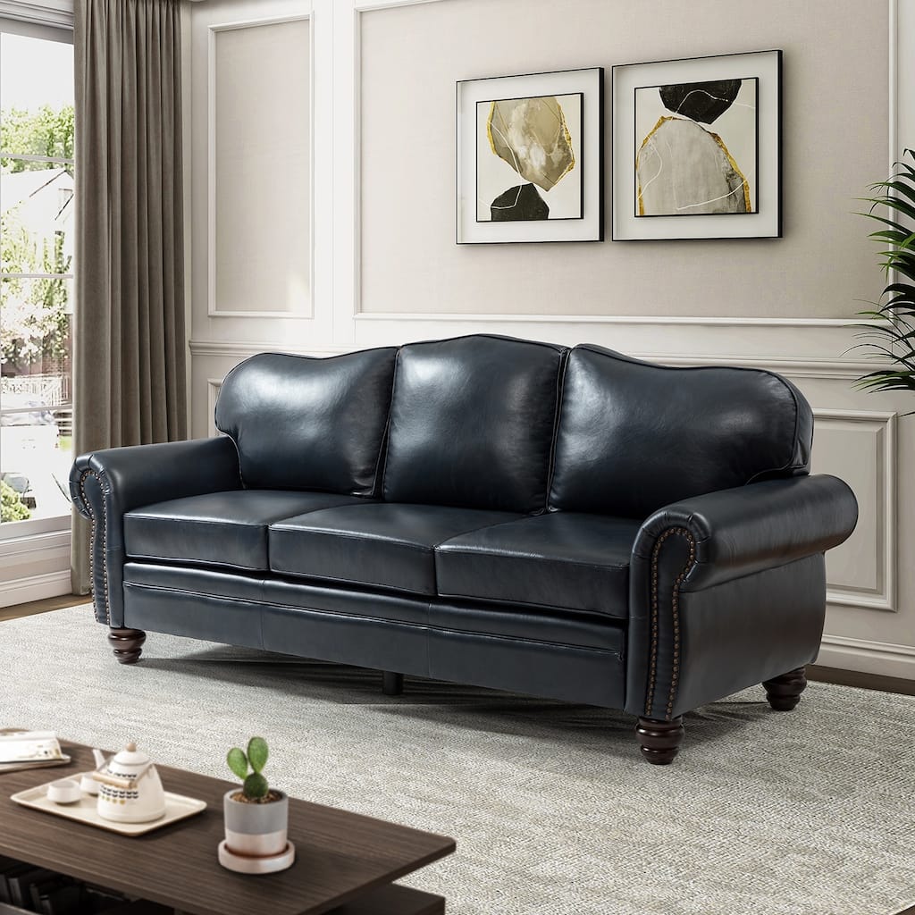 Balvino 81" Wide Transitional Genuine Leather Rolled Arm Nailhead Trim Sofa with Solid Wood Legs and Removable Cushions
