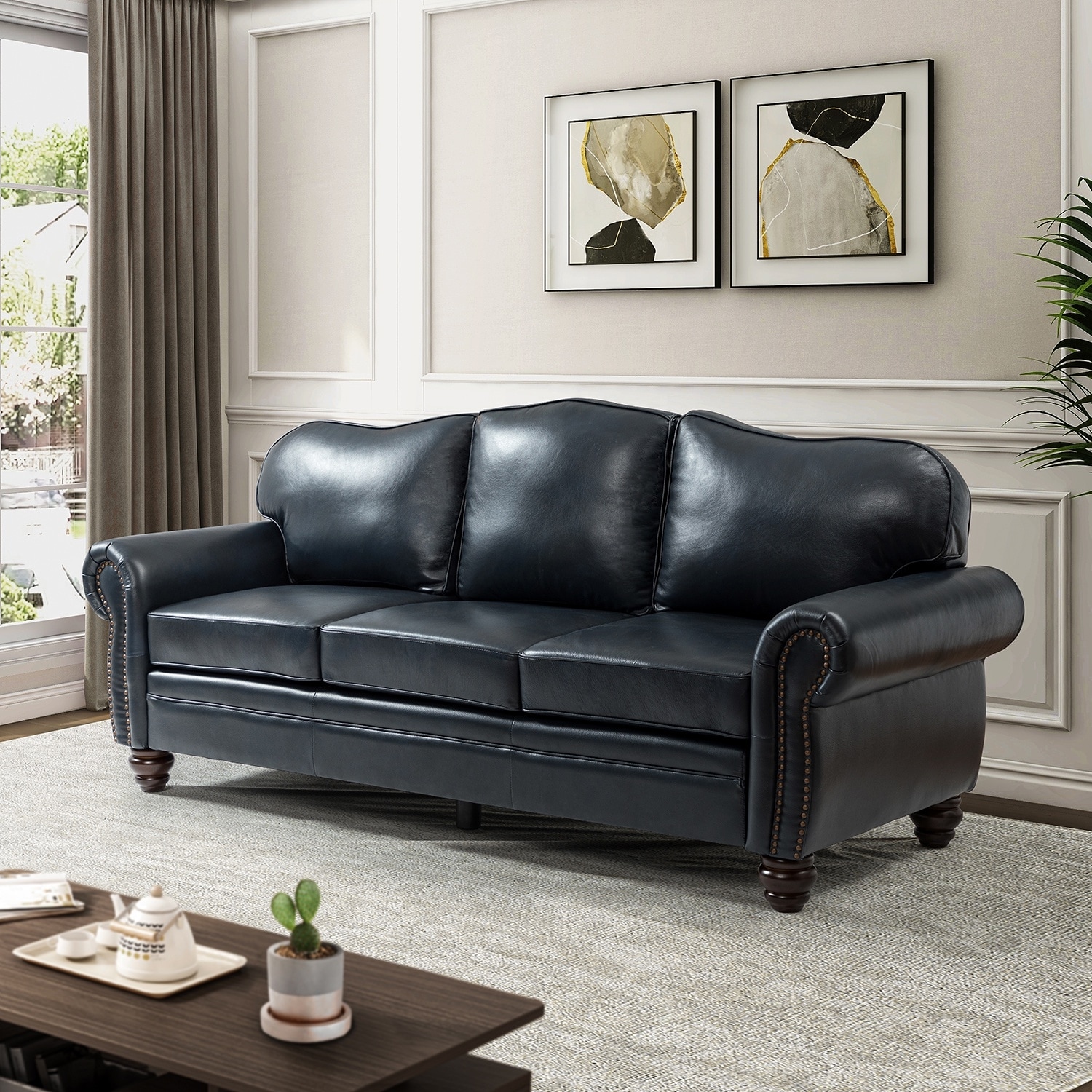 Balvino 81" Genuine Leather Roll Arm Sofa with Nailhead Trim
