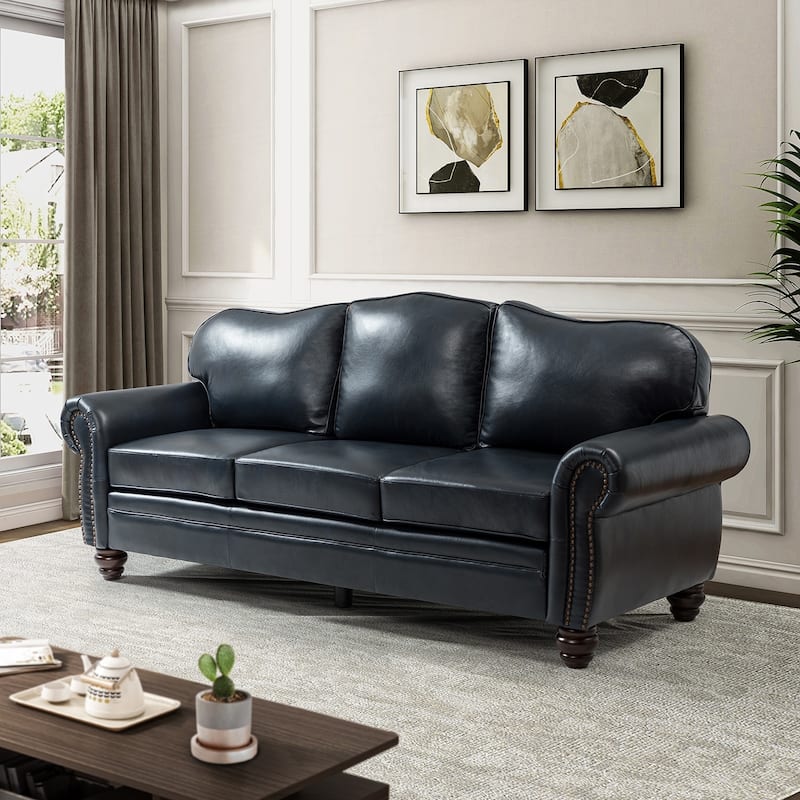 Balvino 81" Wide Transitional Genuine Leather Rolled Arm Nailhead Trim Sofa with Solid Wood Legs