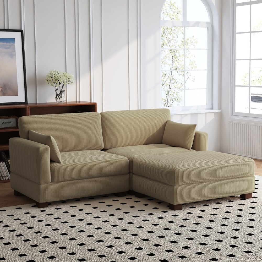 84'' L-Shaped Corduroy Comfy Couch Modular Sectional Sofa With Ottoman