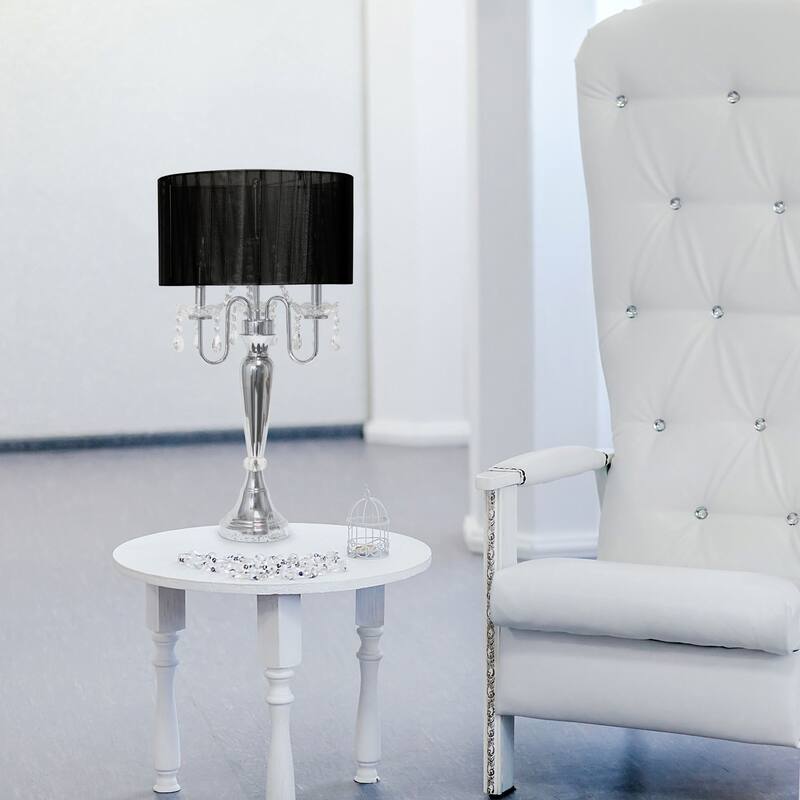 Chrome Cascading Crystal Table Lamp with Round Shade - 31" - Black