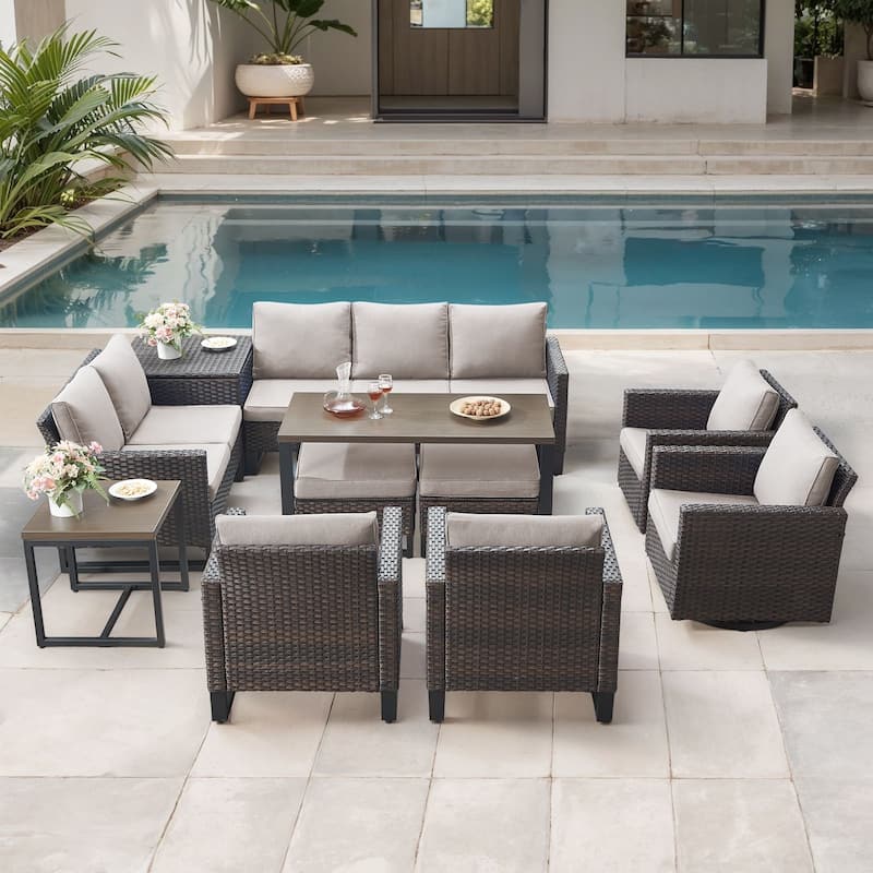 Gymojoy 9-11 Person Outdoor Courtyard Wicker Family Party Conversation Set Group With Swivel Chairs And 52" Table - Brown Wicker / Beige Cusion - 11-Piece