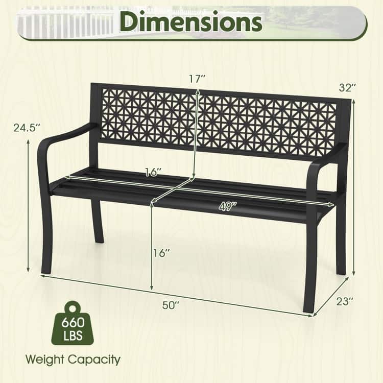 Black Metal Outdoor Bench with Patterned Backrest, Curved Armrests and Easy Assembly - 50" L x 23" W x 32" H