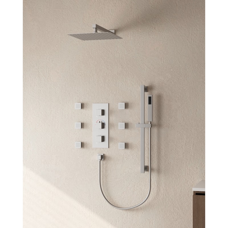 Thermostatic Shower System 12" High-Pressure Rainfall Shower Head with Slide Bar Hand Shower - Brushed Nickel
