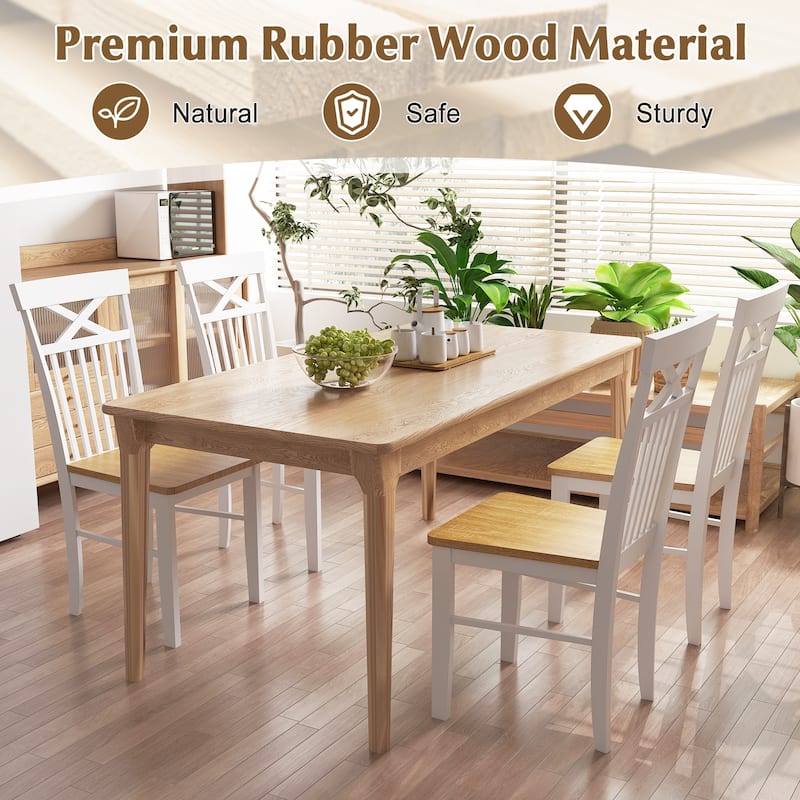 Set of 2 Rubber Wood Dining Chairs with Curved Slatted Backrest and Natural White Finish for Kitchen