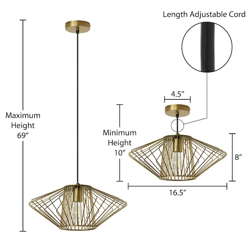 Adeline River of Goods Gold Metal 16.5-Inch Pendant Light with Adjustable Hanging Cord - 16.5" x 16.5" x 69"