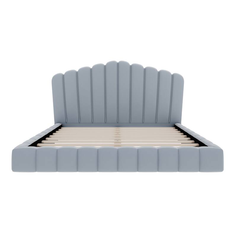 Velvet Upholstered Queen Bed Frame Shell-Shaped Headboard