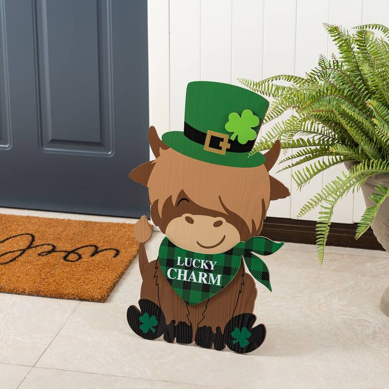 Glitzhome 24"H St. Patrick's Wooden Highland Cow Porch Sign
