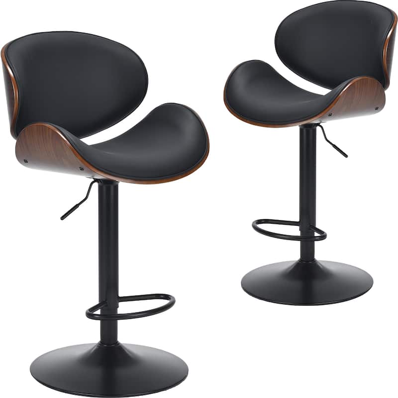 Swivel Bar Stools Set of 2 Adjustable Height Bentwood Barstools with PU Leather Upholstered Seat