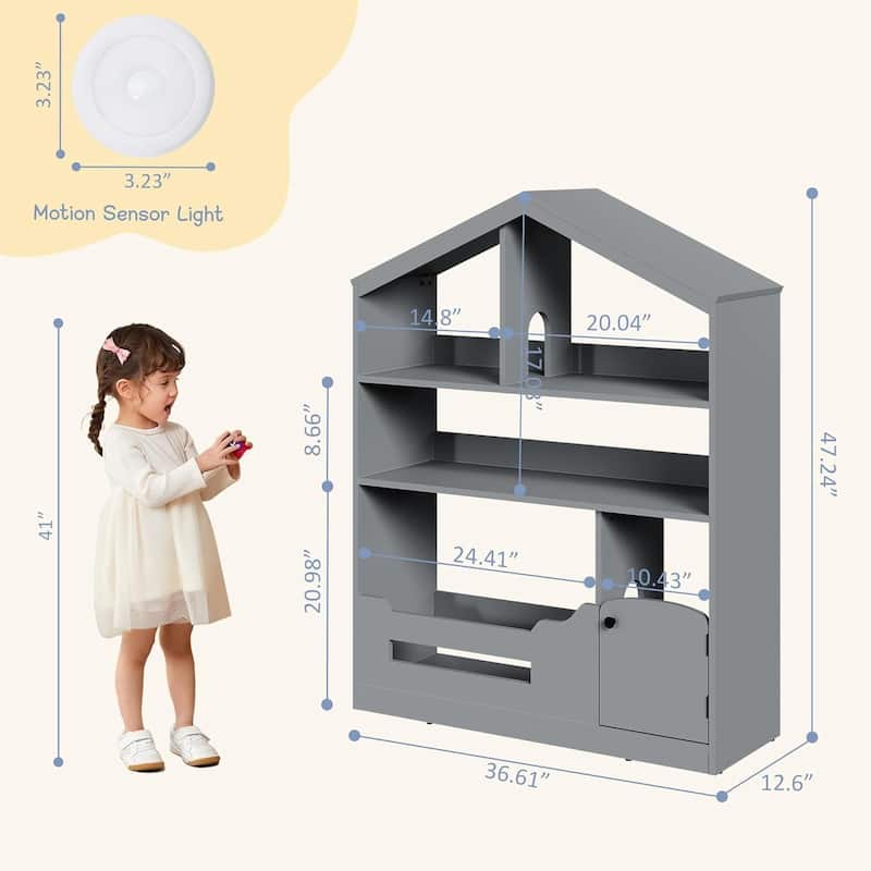 Kids Bookshelf and Toy Storage, Wooden Kids Bookcase with Motion Sensor Light