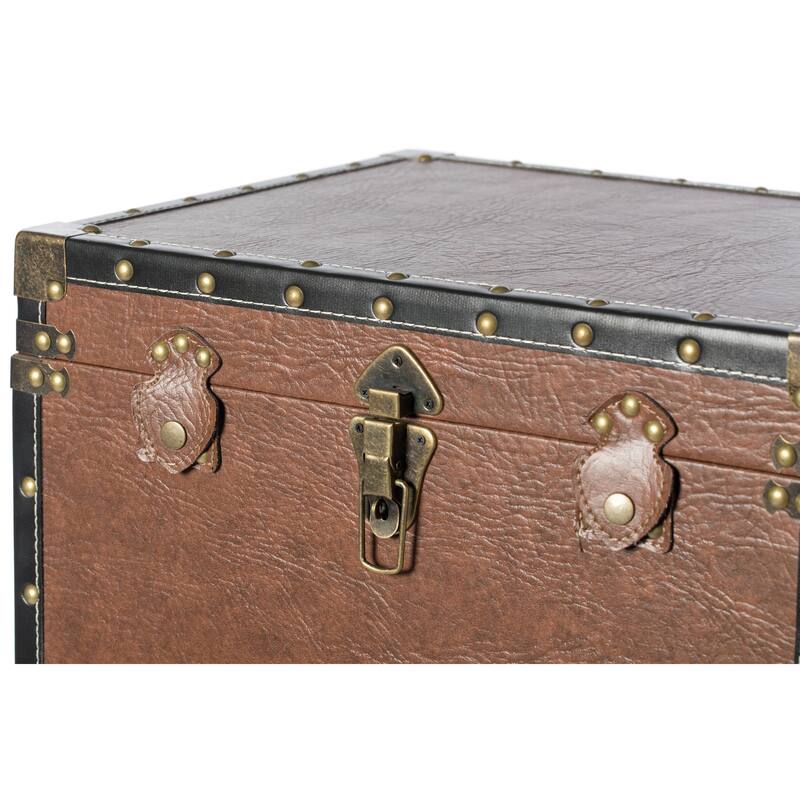 Trimmed Faux Leather Lockable Square Lined Storage Trunk, End Table on Metal Stand