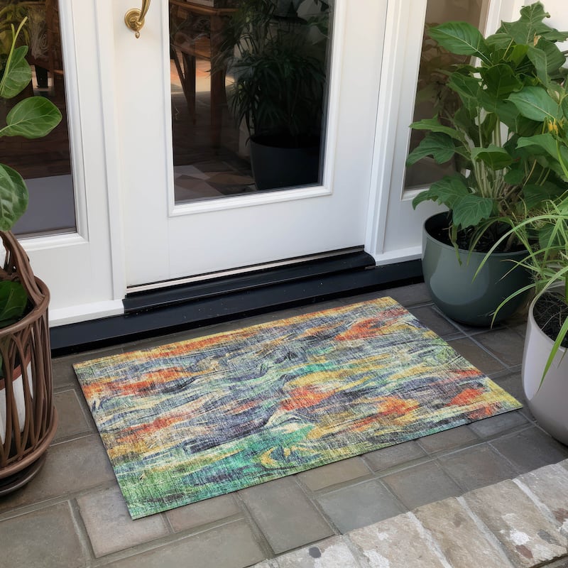 Machine Washable Indoor/ Outdoor Brushstrokes Modern Chantille Rug - Denim - 1'8" x 2'6"