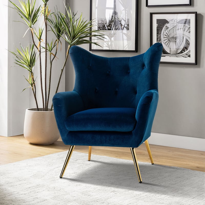 Eusebio Tufted Velvet Accent Chair with Wingback, Arms, and Metal Gold Legs for Living Room or Bedroom by HULALA HOME - NAVY
