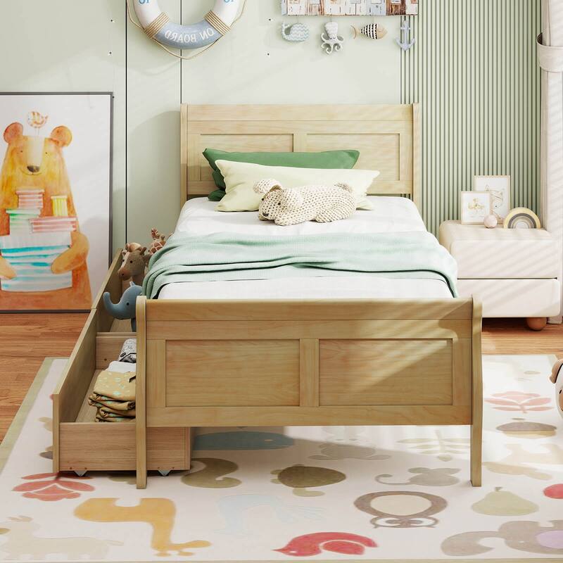 Costway Twin Size Bed Frame with 2 Storage Drawers Wood Platform Bed