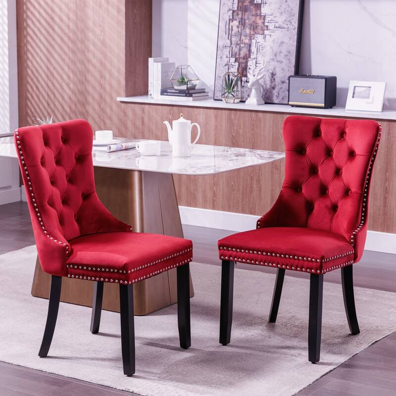 Set of 2 Velvet Tufted Upholstered Dining Chair with Wood Legs - Burgundy