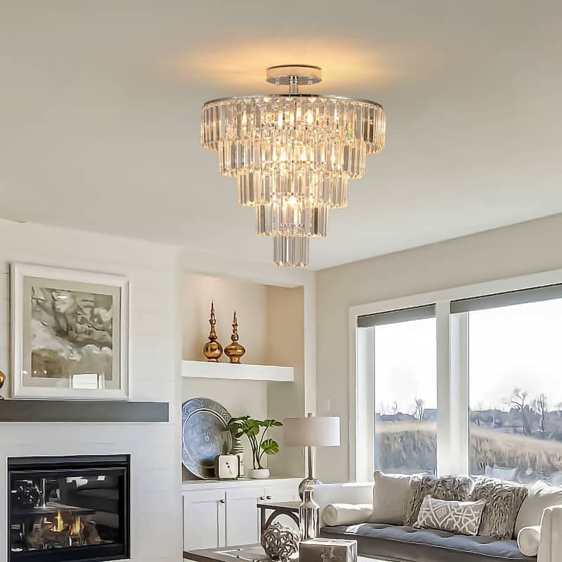 Crystal Chandeliers, 5-Tier Round Semi Flush Mount Chandelier Light Fixture,Large Contemporary Luxury Ceiling Lighting - Chrome