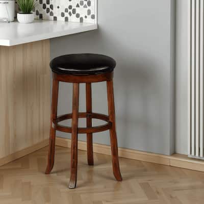 Reggie Swivel Barstool Set of 2, Black Faux Leather, Brown Mahogany