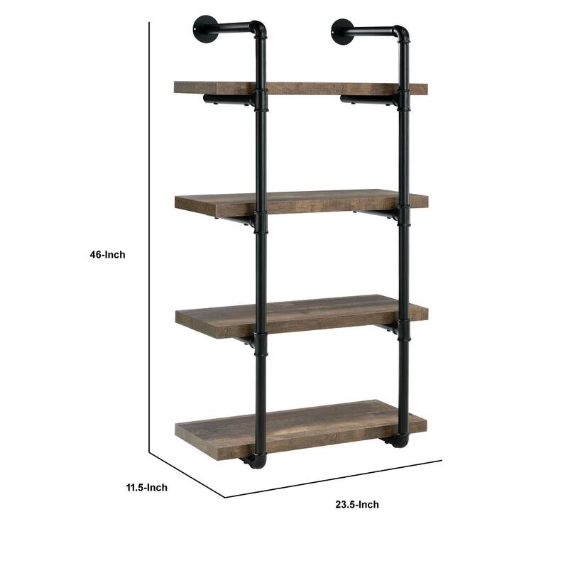 Wall Shelf with 4 Shelves and Piped Metal Frame, Brown and Black
