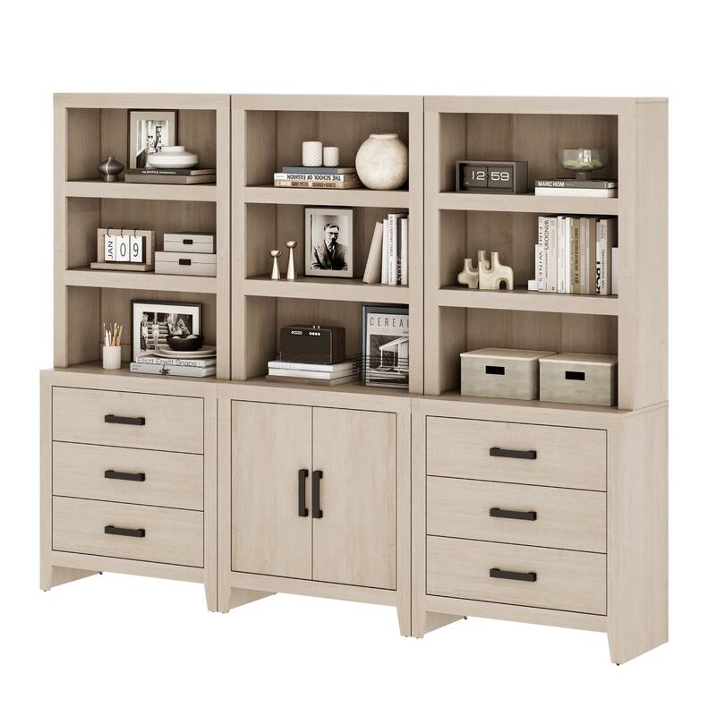 WAMPAT 74" 3-Piece Bookcase, Farmhouse Storage with Doors & Drawers